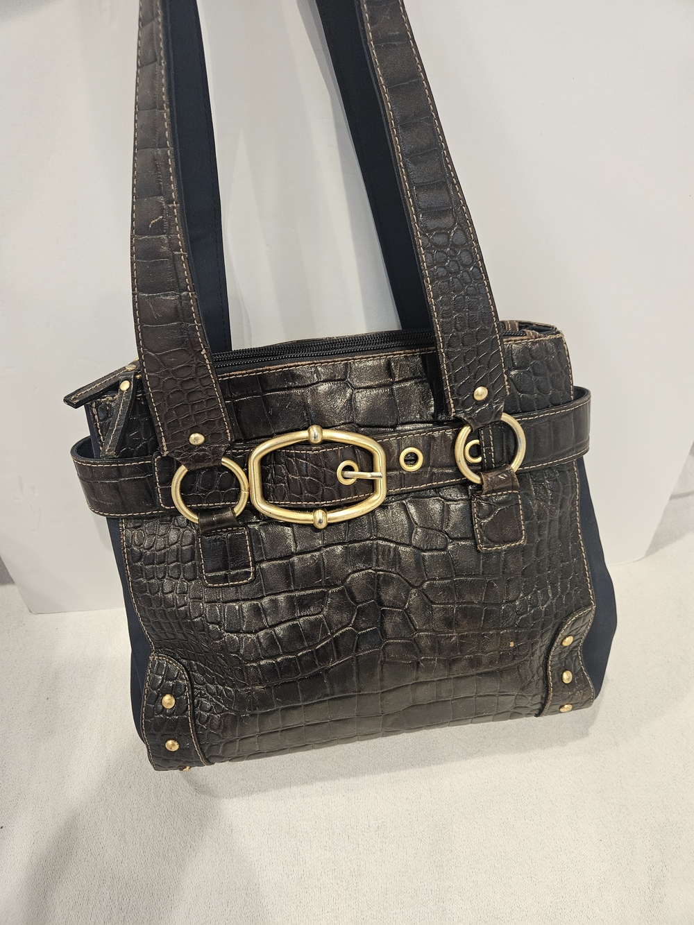 Wilsons Leather Dark Brown Croc-Embossed Shoulder Tote with Gold Hardware